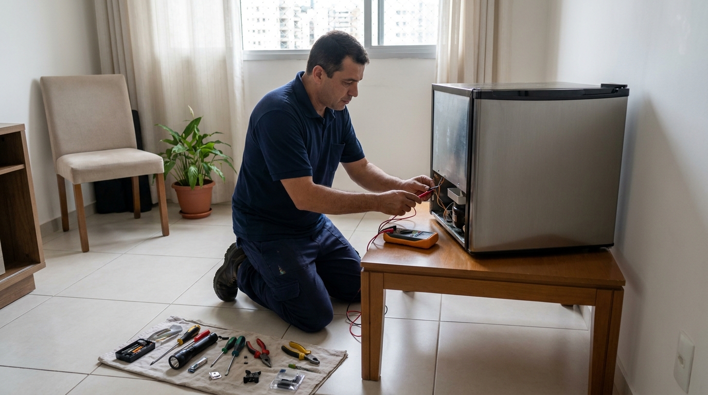 Técnico realizando manutenção de motor de frigobar em João Pessoa‑PB