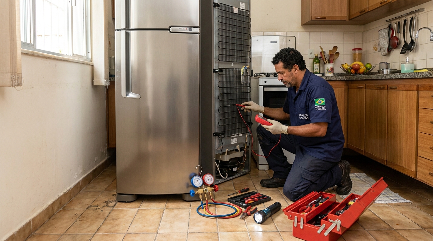 Técnico realizando manutenção de motor de geladeira em João Pessoa‑PB